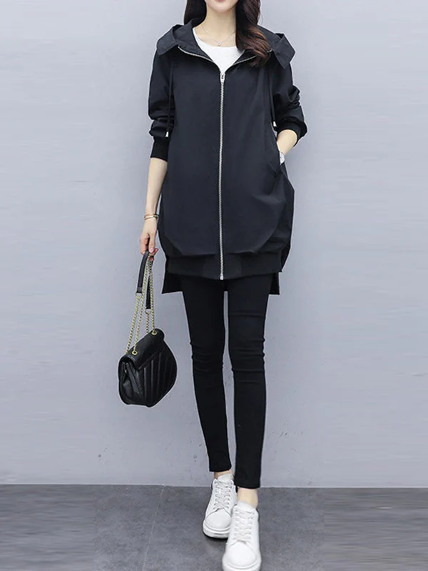 Casual Loose 4 Colors Pleated Zipper Hooded Long Sleeves Outwear - Image 11