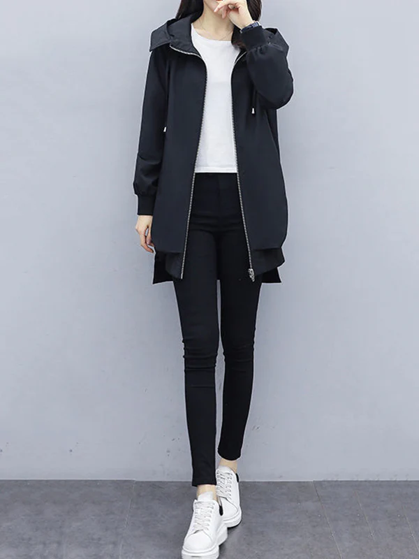 Casual Loose 4 Colors Pleated Zipper Hooded Long Sleeves Outwear - Image 12