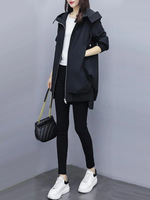 Casual Loose 4 Colors Pleated Zipper Hooded Long Sleeves Outwear - Image 13
