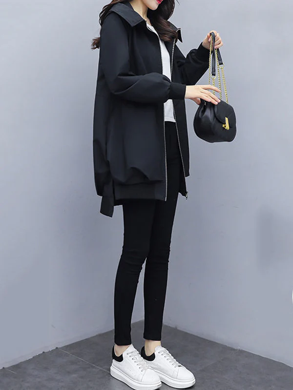 Casual Loose 4 Colors Pleated Zipper Hooded Long Sleeves Outwear - Image 14