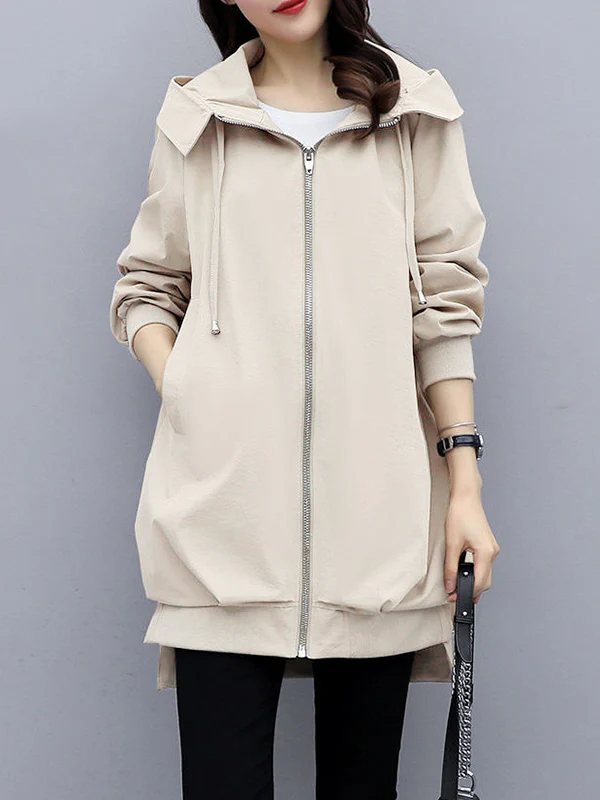 Casual Loose 4 Colors Pleated Zipper Hooded Long Sleeves Outwear - Image 15