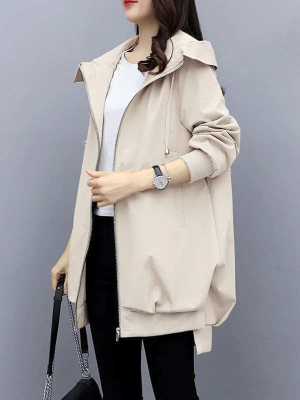 Casual Loose 4 Colors Pleated Zipper Hooded Long Sleeves Outwear - Image 16