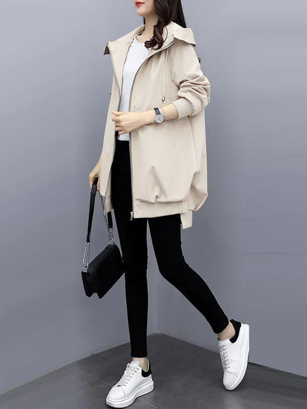 Casual Loose 4 Colors Pleated Zipper Hooded Long Sleeves Outwear - Image 17