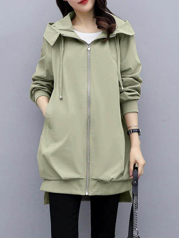 Casual Loose 4 Colors Pleated Zipper Hooded Long Sleeves Outwear - Image 18