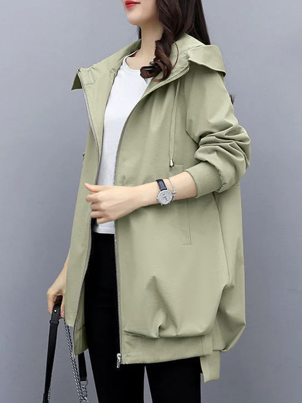 Casual Loose 4 Colors Pleated Zipper Hooded Long Sleeves Outwear - Image 19