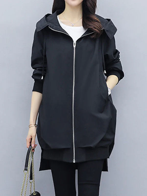 Casual Loose 4 Colors Pleated Zipper Hooded Long Sleeves Outwear - Image 2