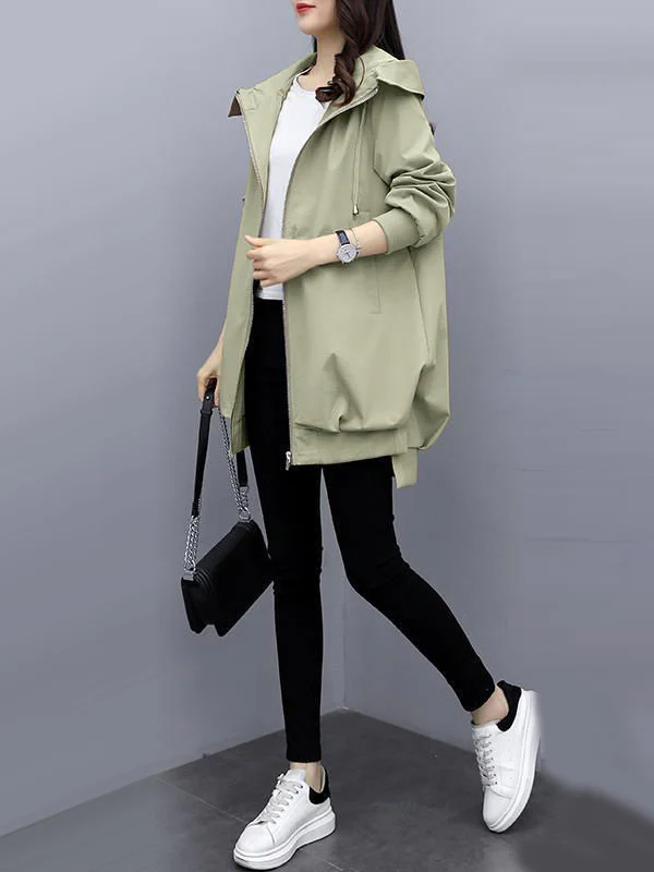 Casual Loose 4 Colors Pleated Zipper Hooded Long Sleeves Outwear - Image 20