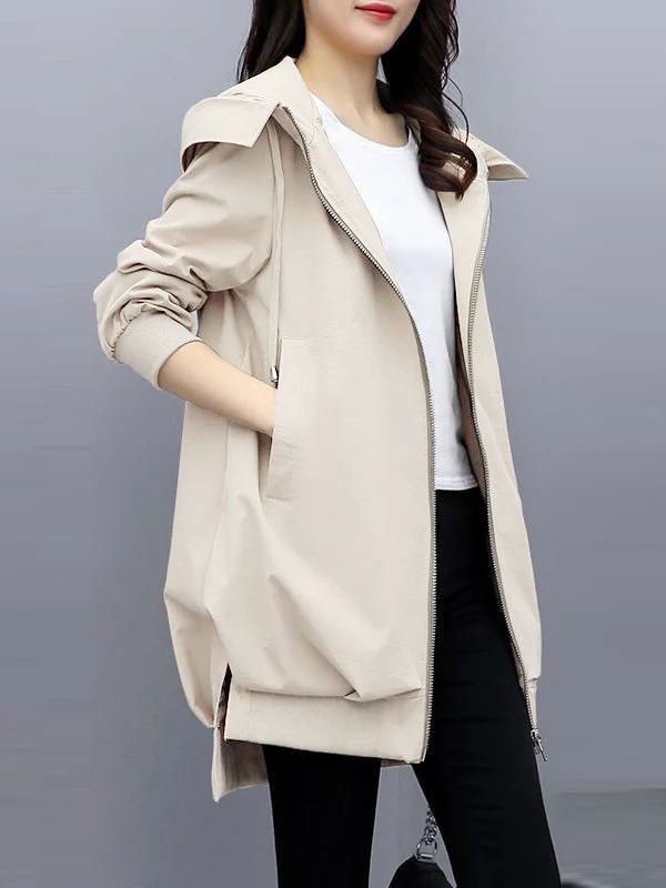 Casual Loose 4 Colors Pleated Zipper Hooded Long Sleeves Outwear - Image 3