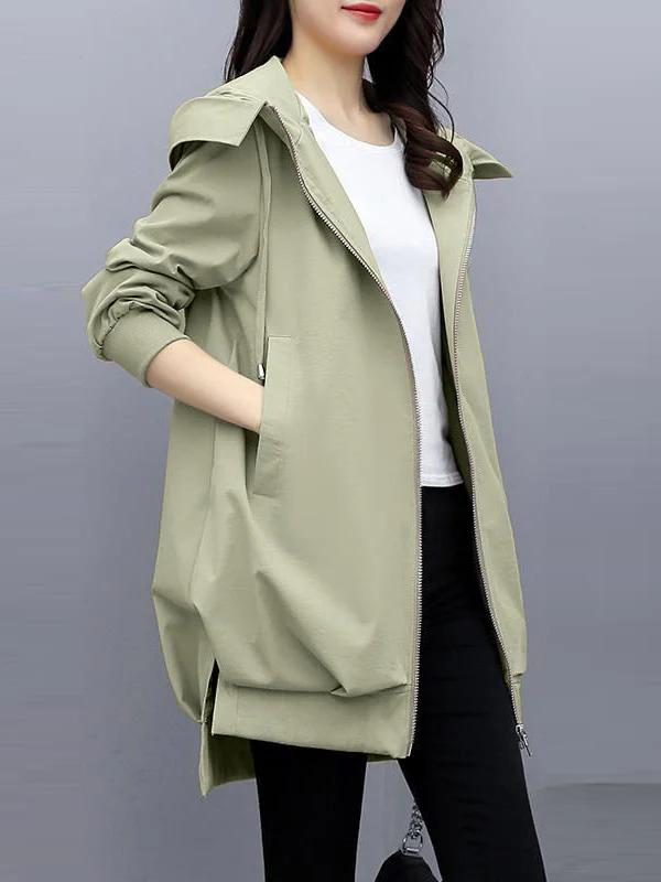 Casual Loose 4 Colors Pleated Zipper Hooded Long Sleeves Outwear - Image 4