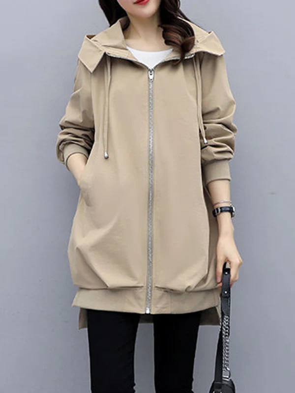 Casual Loose 4 Colors Pleated Zipper Hooded Long Sleeves Outwear - Image 5