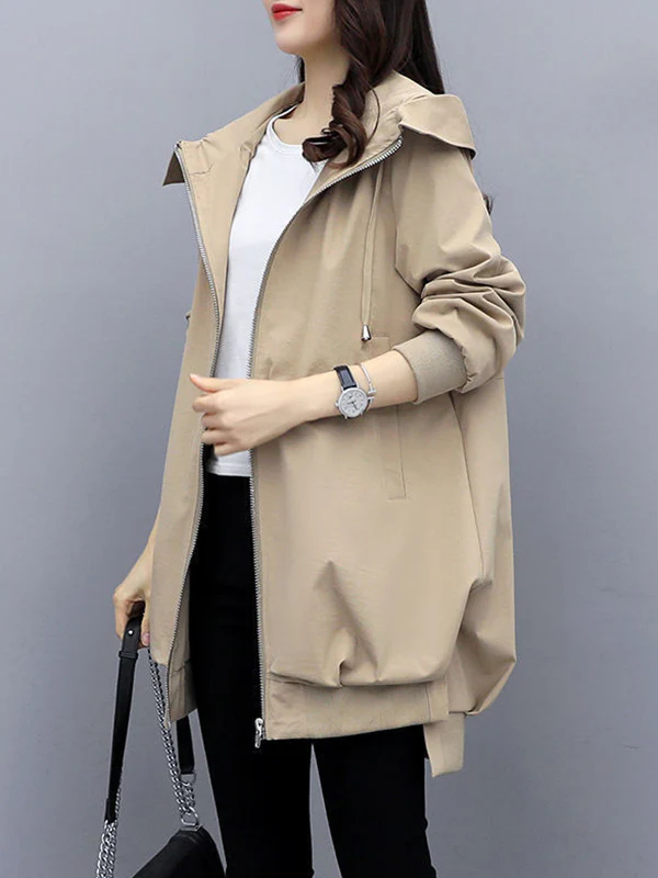 Casual Loose 4 Colors Pleated Zipper Hooded Long Sleeves Outwear - Image 6