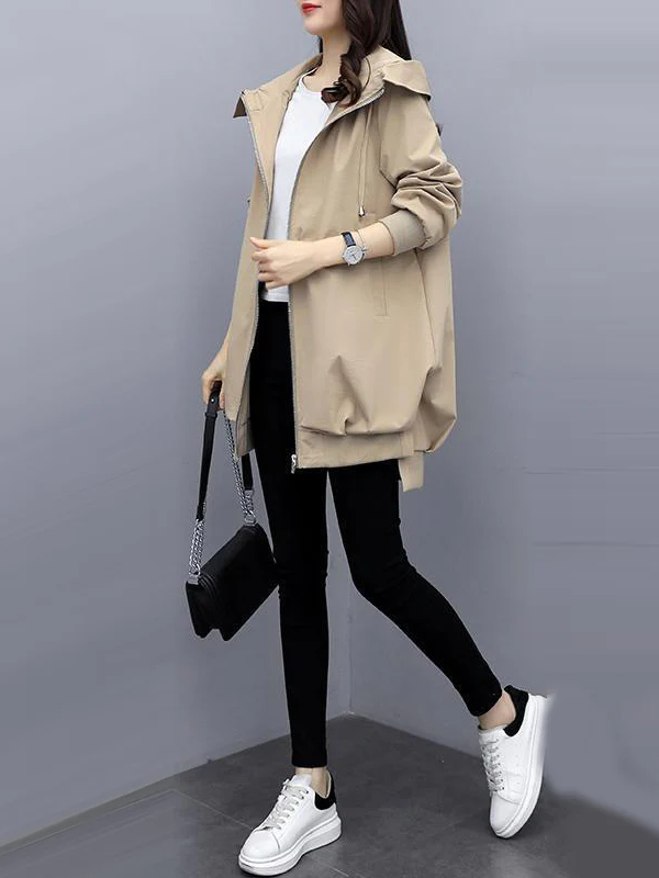Casual Loose 4 Colors Pleated Zipper Hooded Long Sleeves Outwear - Image 8