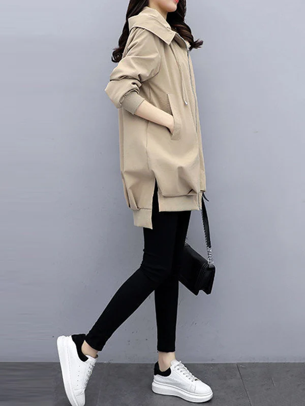 Casual Loose 4 Colors Pleated Zipper Hooded Long Sleeves Outwear - Image 9