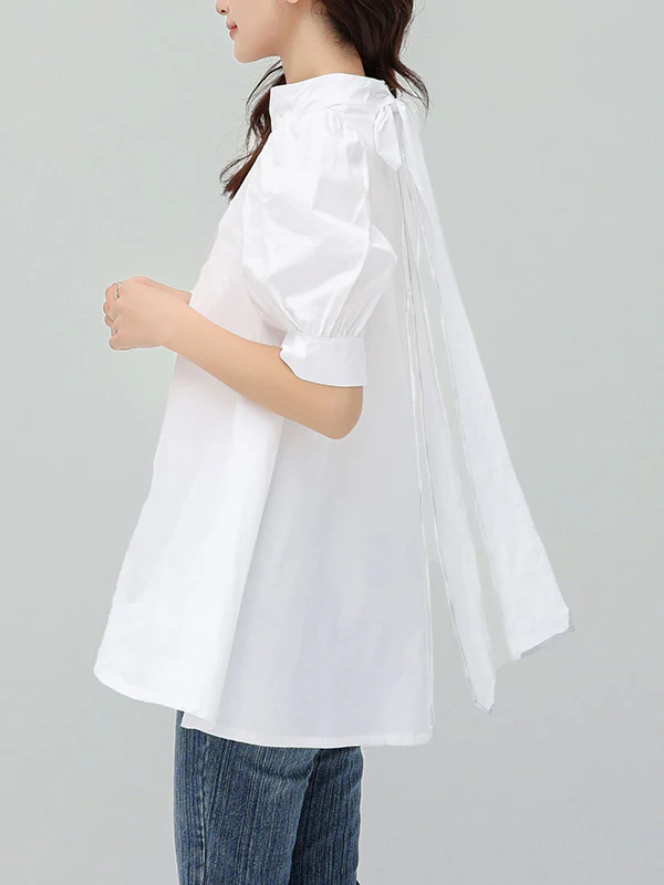 Casual Loose Bow-Embellished Solid Color Blouse - Image 10