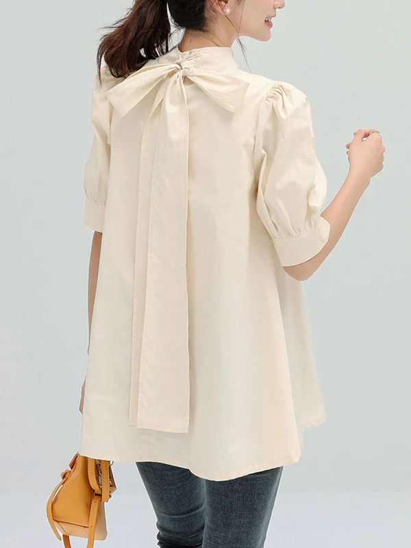 Casual Loose Bow-Embellished Solid Color Blouse - Image 11