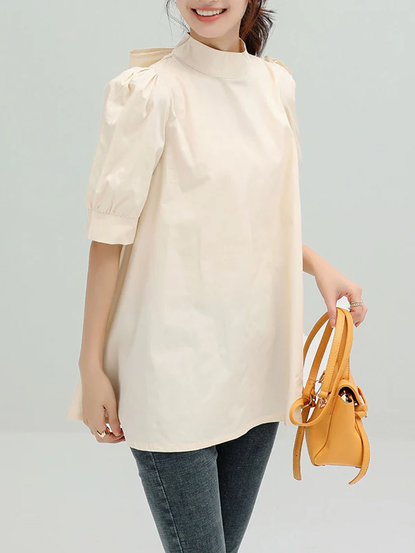 Casual Loose Bow-Embellished Solid Color Blouse - Image 13