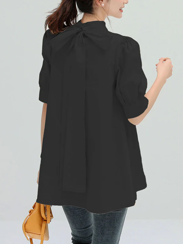 Casual Loose Bow-Embellished Solid Color Blouse - Image 16