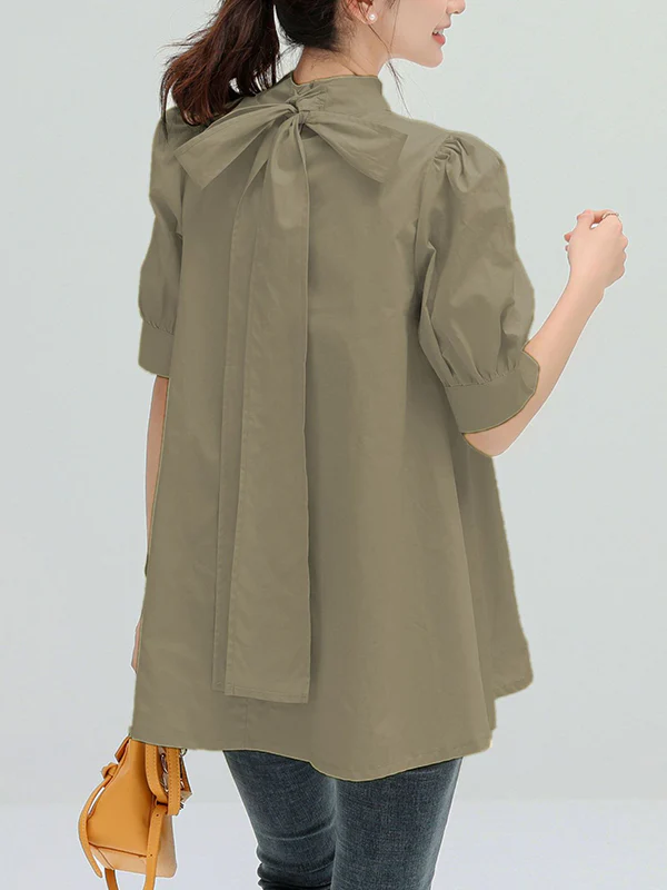 Casual Loose Bow-Embellished Solid Color Blouse - Image 17