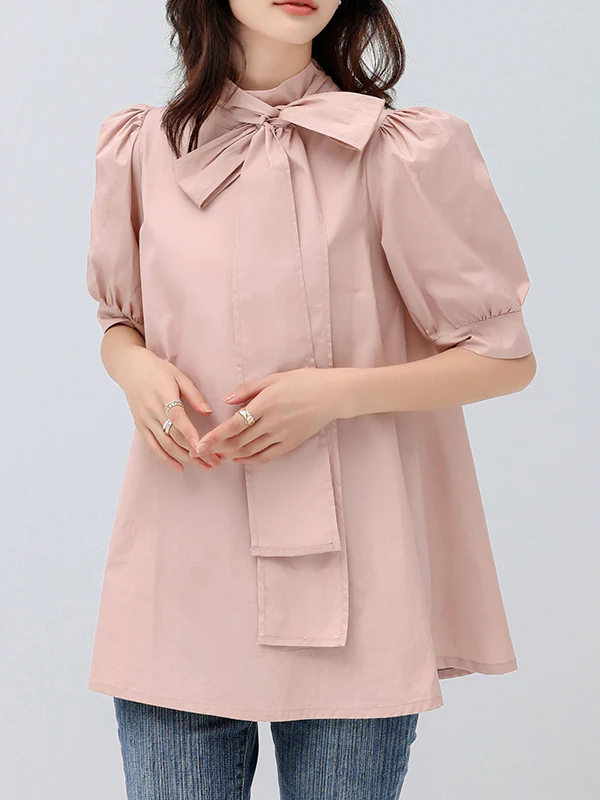 Casual Loose Bow-Embellished Solid Color Blouse - Image 4