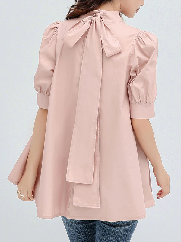 Casual Loose Bow-Embellished Solid Color Blouse - Image 5