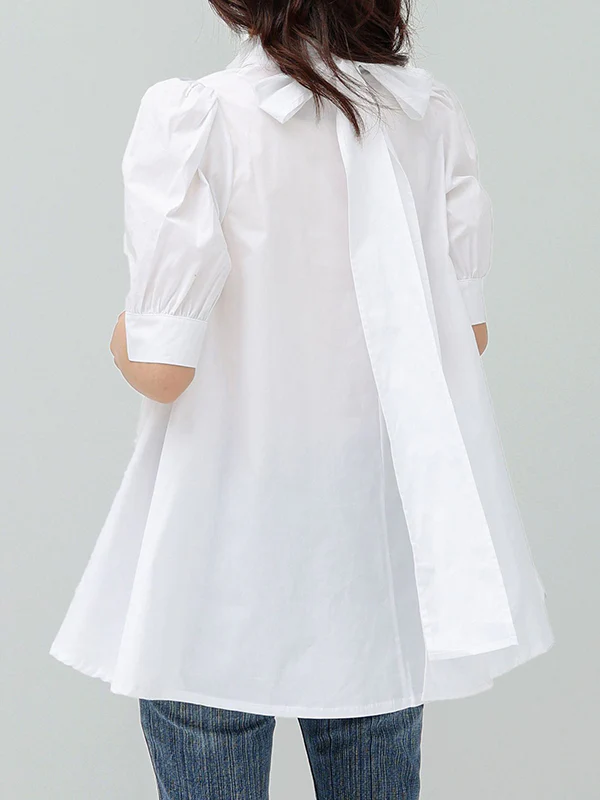 Casual Loose Bow-Embellished Solid Color Blouse - Image 7
