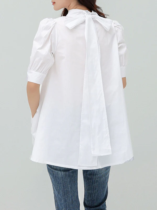 Casual Loose Bow-Embellished Solid Color Blouse - Image 8