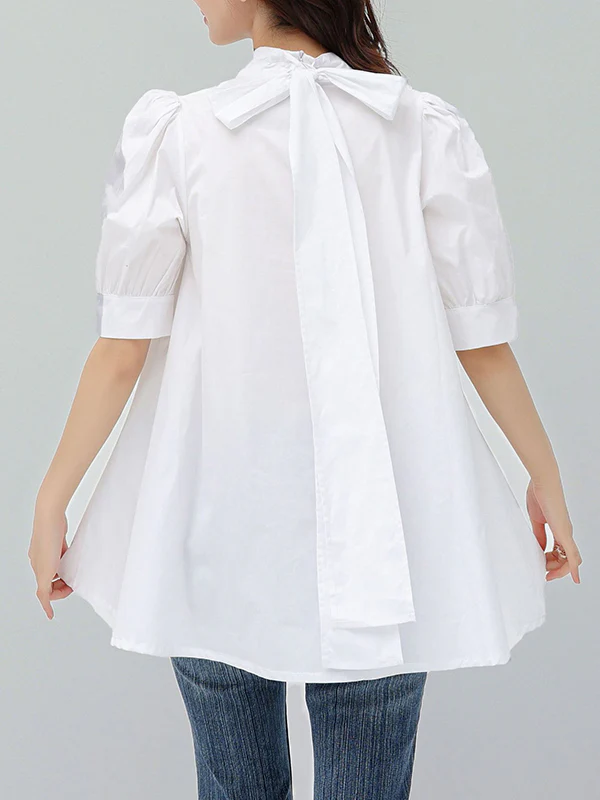 Casual Loose Bow-Embellished Solid Color Blouse - Image 9