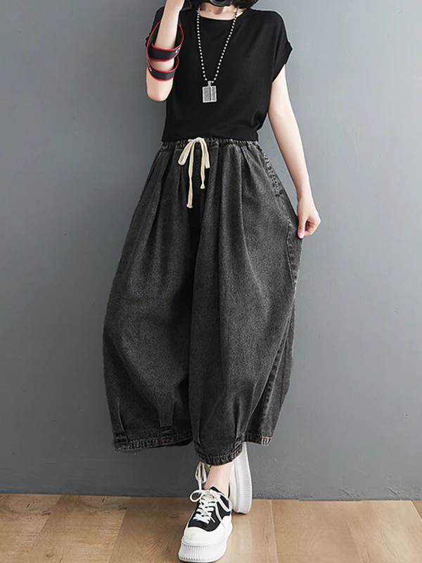 Casual Loose Drawstring Wide Legs Jean Pants - Image 10