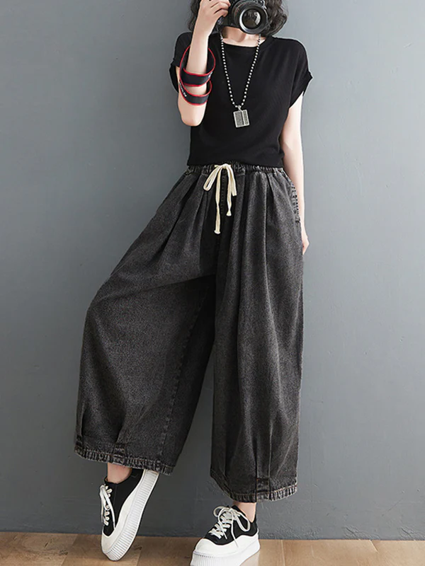 Casual Loose Drawstring Wide Legs Jean Pants - Image 11