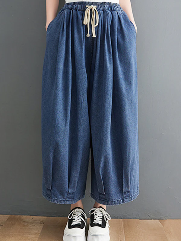 Casual Loose Drawstring Wide Legs Jean Pants - Image 3