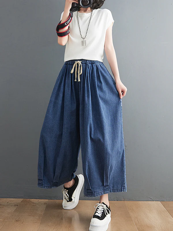 Casual Loose Drawstring Wide Legs Jean Pants - Image 6