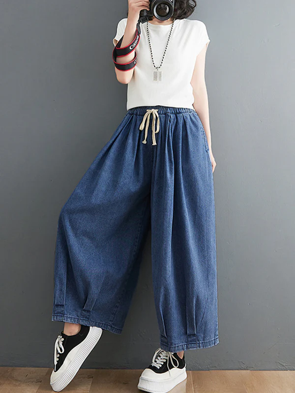 Casual Loose Drawstring Wide Legs Jean Pants - Image 7