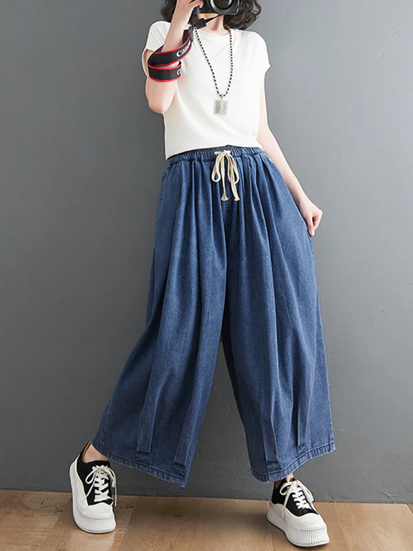 Casual Loose Drawstring Wide Legs Jean Pants - Image 8