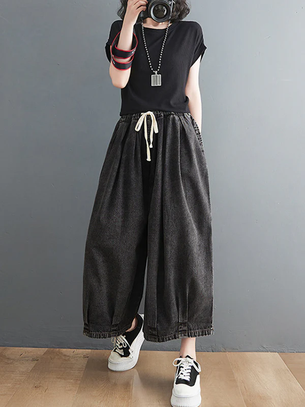 Casual Loose Drawstring Wide Legs Jean Pants - Image 9