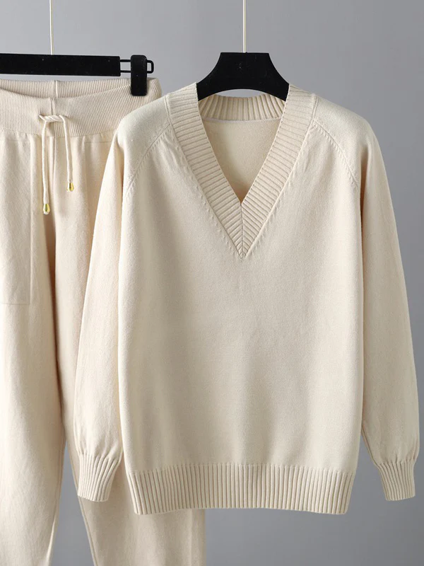 Casual Loose Harem Pants Solid Color V-Neck Sweater Tops Pants Two Pieces Set - Image 10