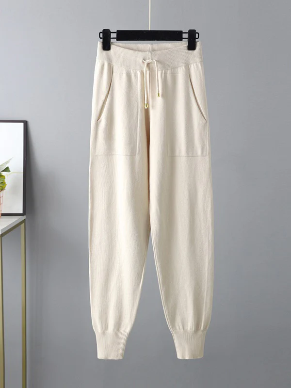 Casual Loose Harem Pants Solid Color V-Neck Sweater Tops Pants Two Pieces Set - Image 11