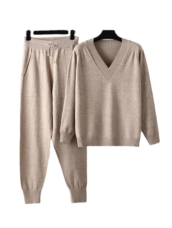 Casual Loose Harem Pants Solid Color V-Neck Sweater Tops Pants Two Pieces Set - Image 15