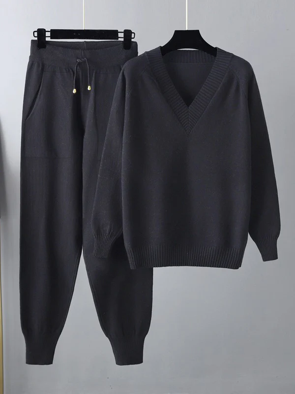 Casual Loose Harem Pants Solid Color V-Neck Sweater Tops Pants Two Pieces Set - Image 2