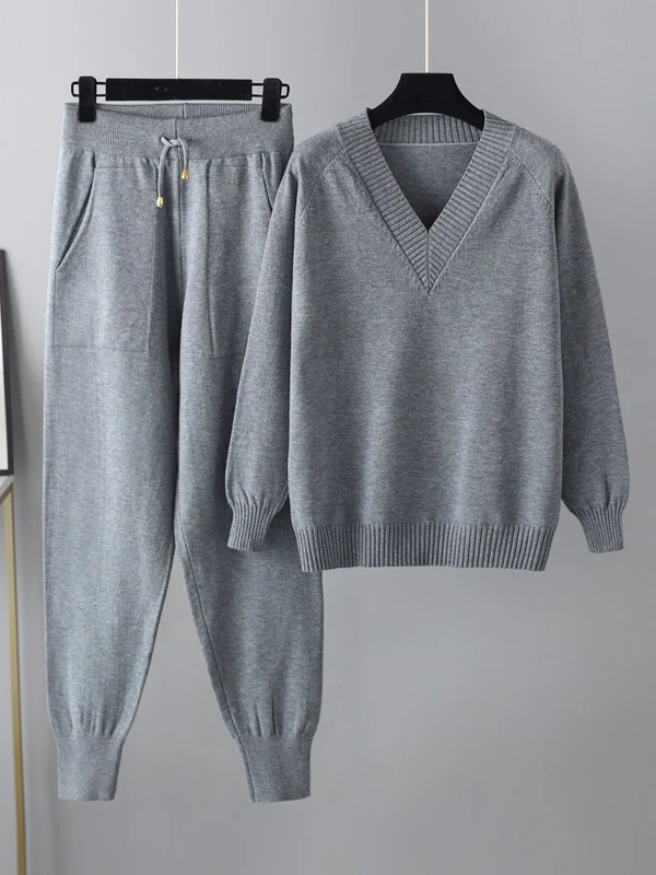Casual Loose Harem Pants Solid Color V-Neck Sweater Tops Pants Two Pieces Set - Image 3