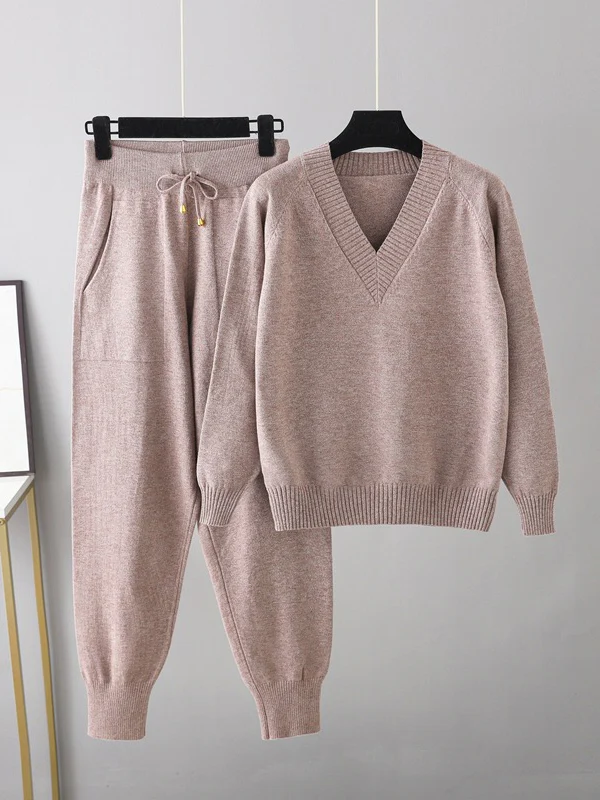 Casual Loose Harem Pants Solid Color V-Neck Sweater Tops Pants Two Pieces Set - Image 4