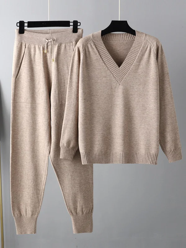 Casual Loose Harem Pants Solid Color V-Neck Sweater Tops Pants Two Pieces Set - Image 5