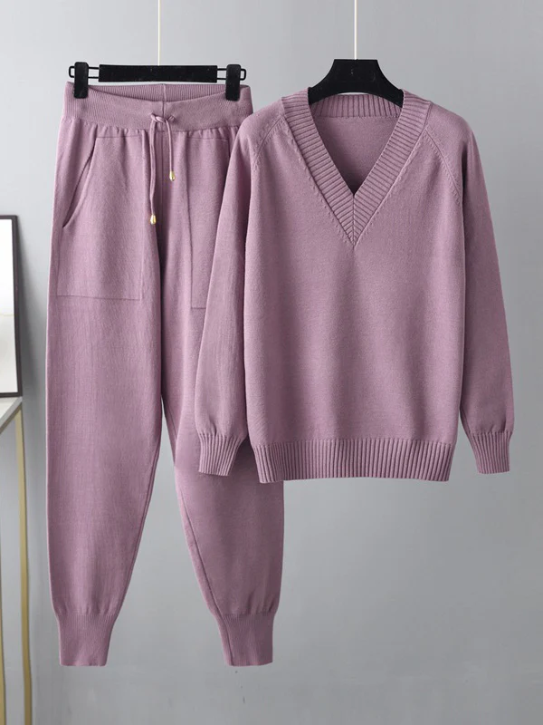 Casual Loose Harem Pants Solid Color V-Neck Sweater Tops Pants Two Pieces Set - Image 6