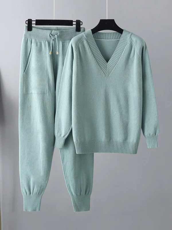 Casual Loose Harem Pants Solid Color V-Neck Sweater Tops Pants Two Pieces Set - Image 7