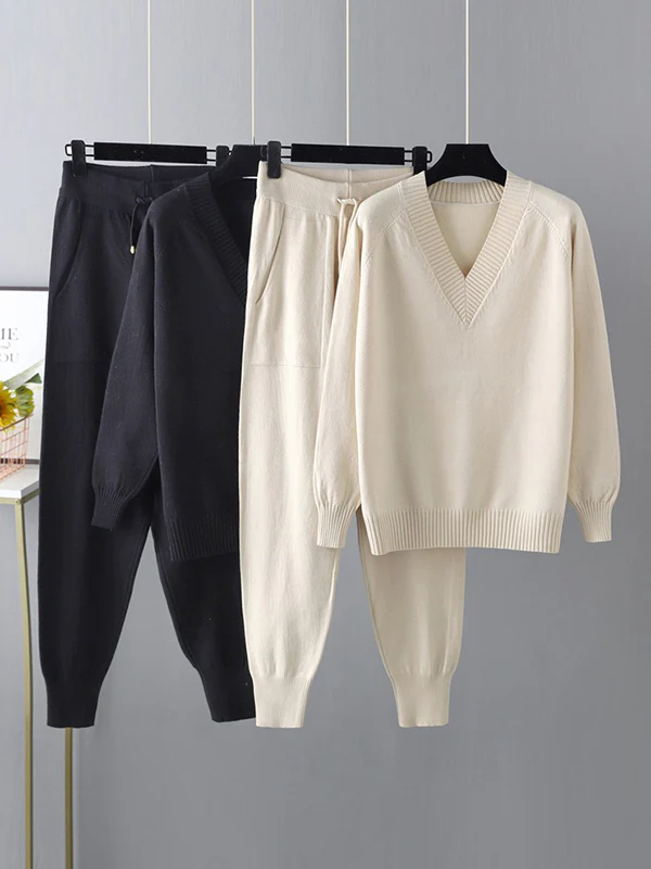 Casual Loose Harem Pants Solid Color V-Neck Sweater Tops Pants Two Pieces Set - Image 8