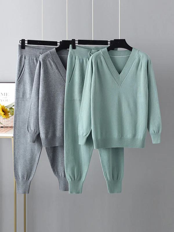 Casual Loose Harem Pants Solid Color V-Neck Sweater Tops Pants Two Pieces Set - Image 9