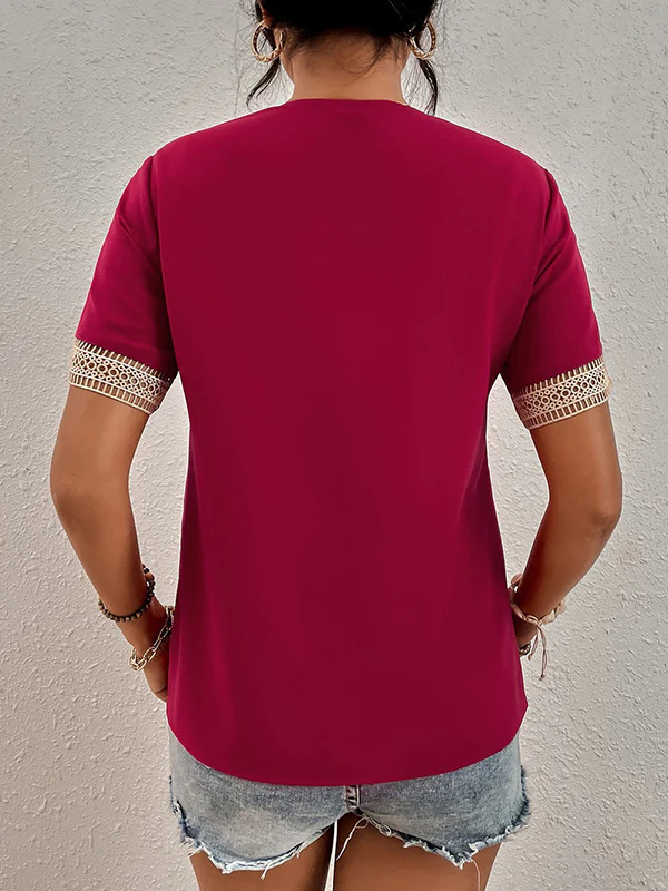Casual Loose Lace Split-Joint V-Neck T-Shirts Tops - Image 10