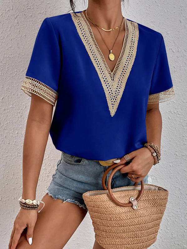 Casual Loose Lace Split-Joint V-Neck T-Shirts Tops - Image 3