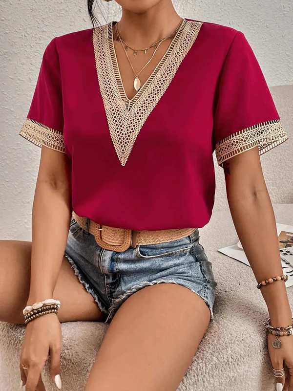Casual Loose Lace Split-Joint V-Neck T-Shirts Tops - Image 4