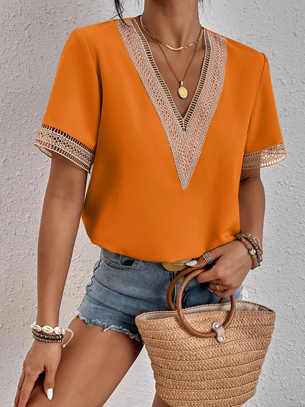 Casual Loose Lace Split-Joint V-Neck T-Shirts Tops - Image 5
