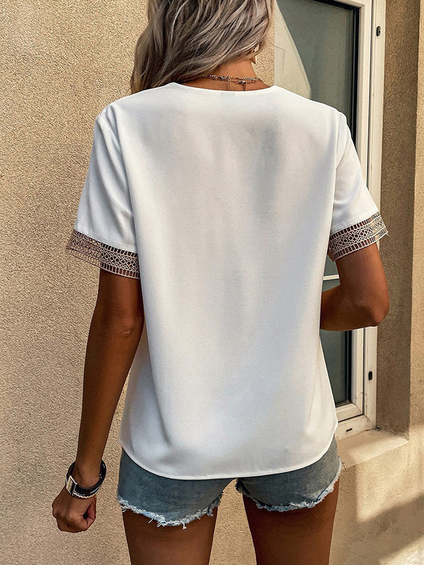 Casual Loose Lace Split-Joint V-Neck T-Shirts Tops - Image 9